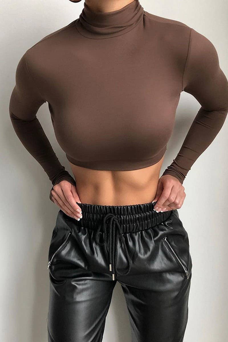 CWTTL0958_WOMEN HIGH NECK LONG SLEEVE FITTED SEXY CROP TOP