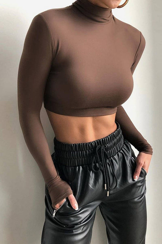 CWTTL0958_WOMEN HIGH NECK LONG SLEEVE FITTED SEXY CROP TOP