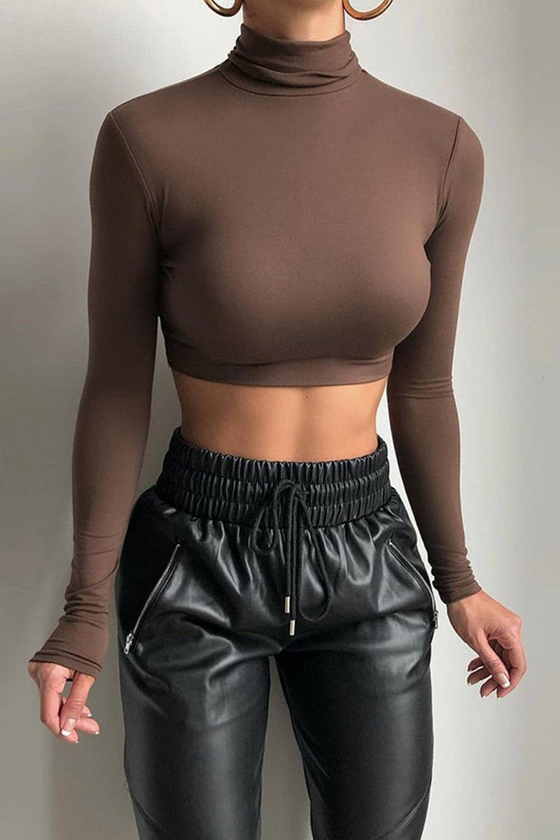 CWTTL0958_WOMEN HIGH NECK LONG SLEEVE FITTED SEXY CROP TOP