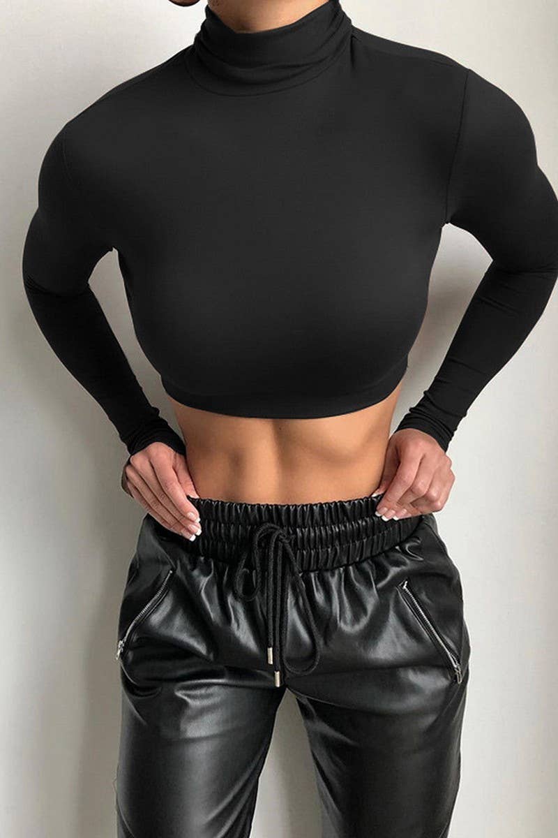 CWTTL0958_WOMEN HIGH NECK LONG SLEEVE FITTED SEXY CROP TOP