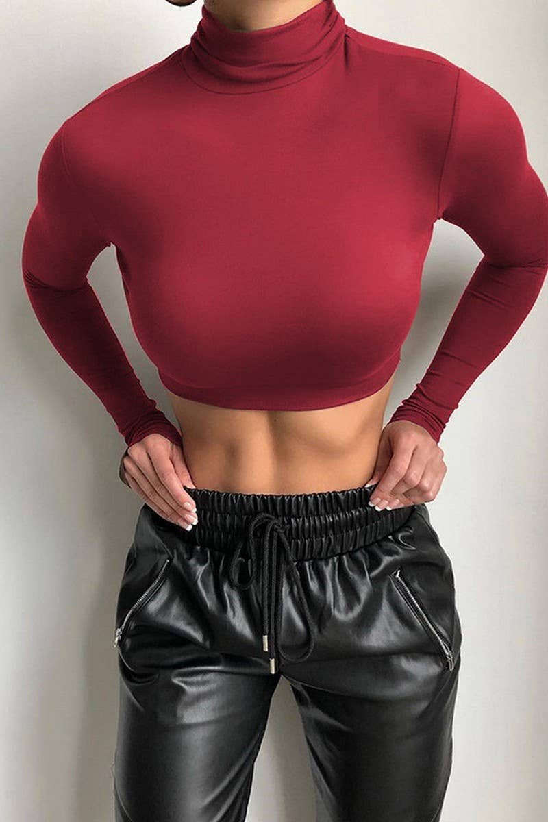 CWTTL0958_WOMEN HIGH NECK LONG SLEEVE FITTED SEXY CROP TOP